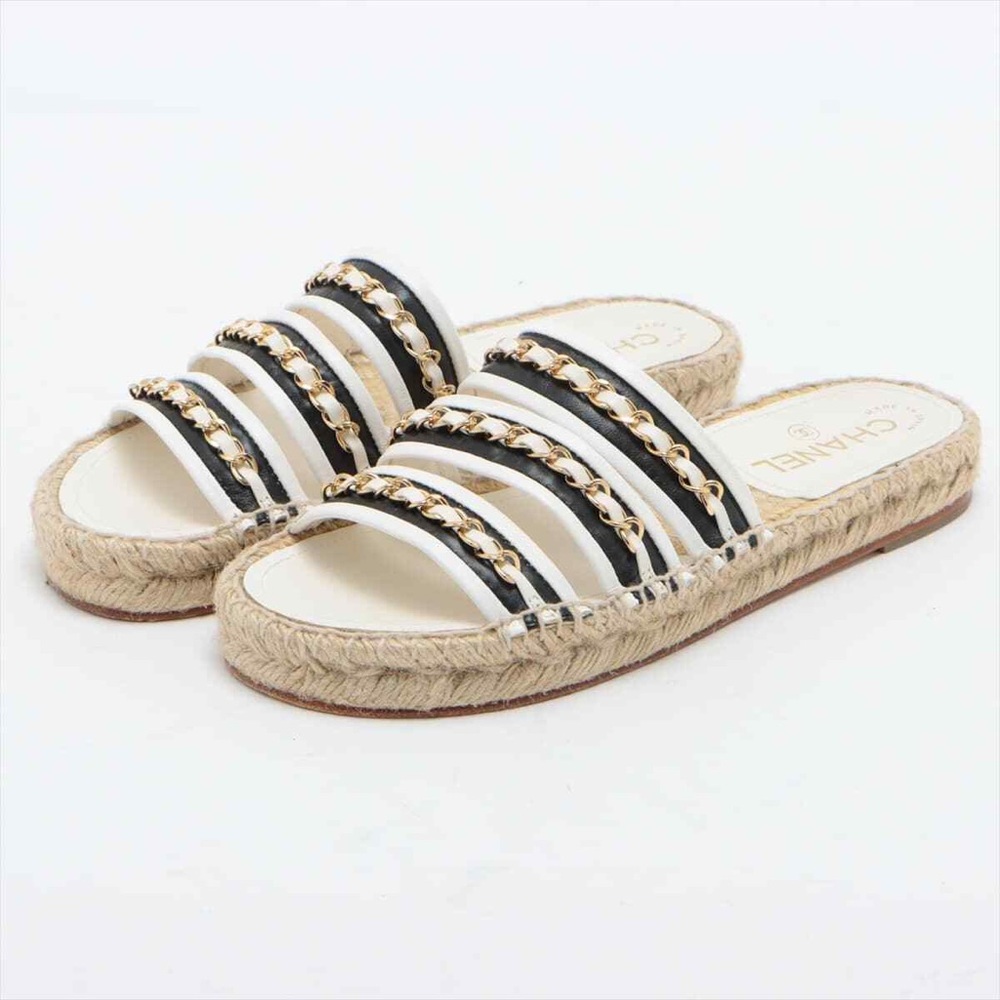 Chanel 20 Years Leather Sandals 37 Ladies Black x White Chain